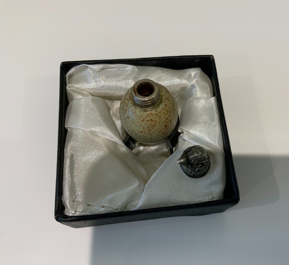 MacIntyre egg scent bottle with birds head top. View VII