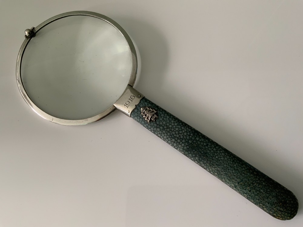 Large silver shagreen handle magnifying glass