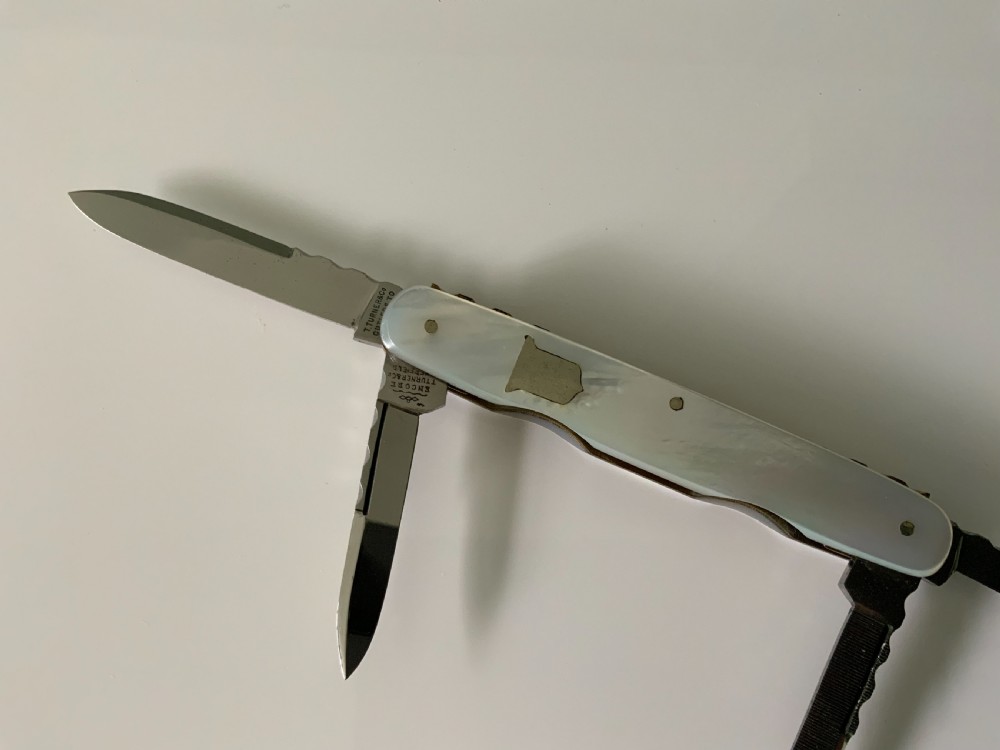 A pristine Edwardian folding mother of pearl pocket knife original case View III