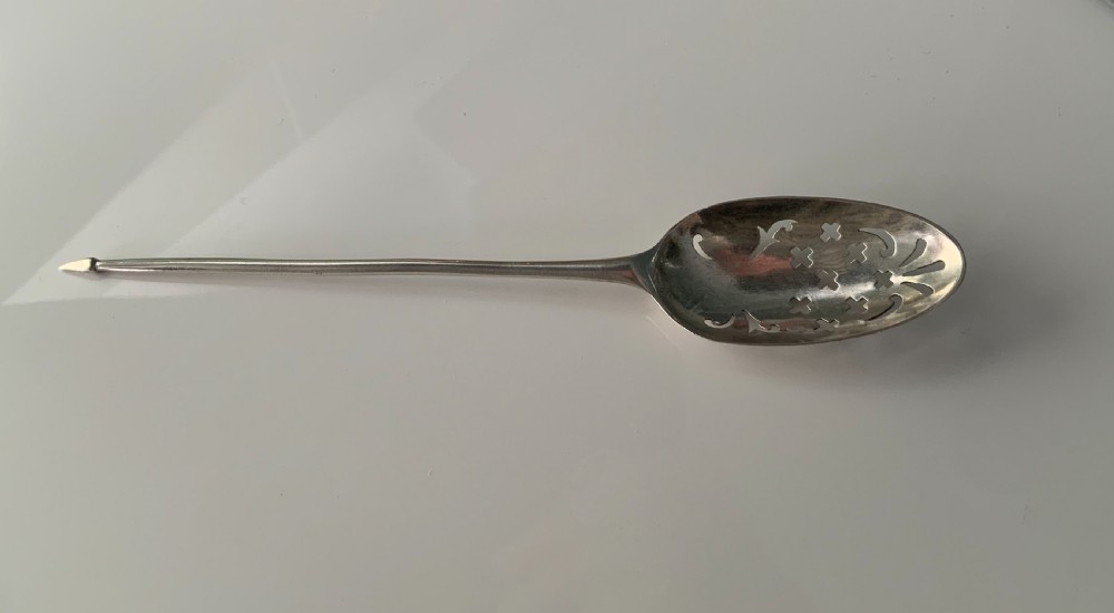 Rare Georgian silver picture back mote spoon View II