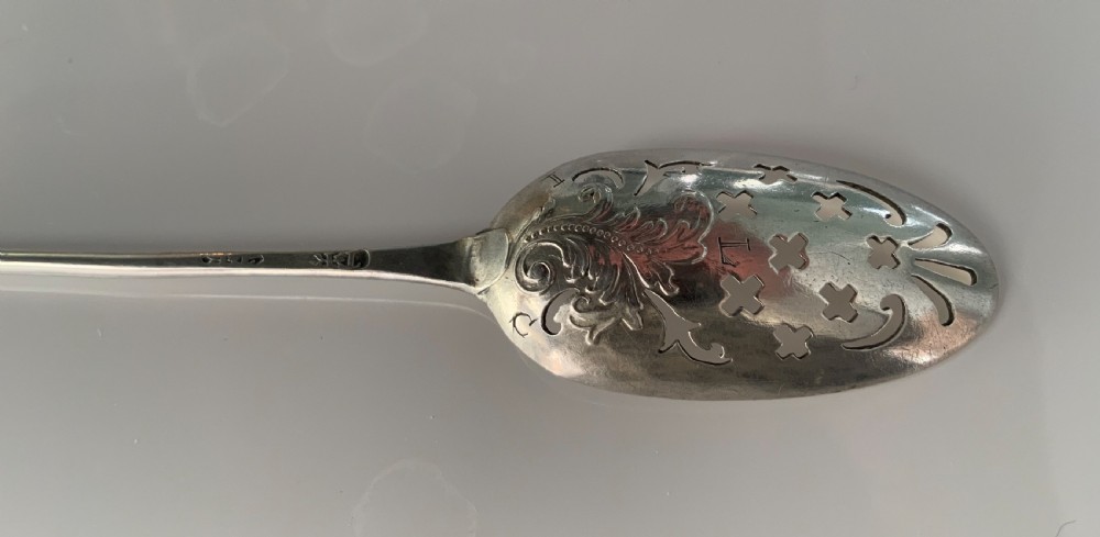 Rare Georgian silver picture back mote spoon View III