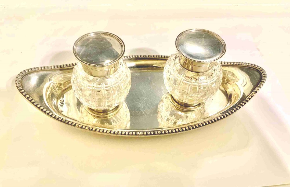 Quality Victorian silver inkwells and stand