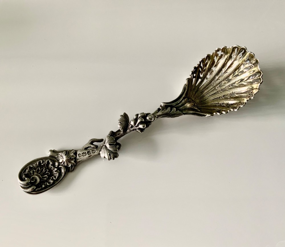 Victorian heavy cast silver naturalistic sifter spoon