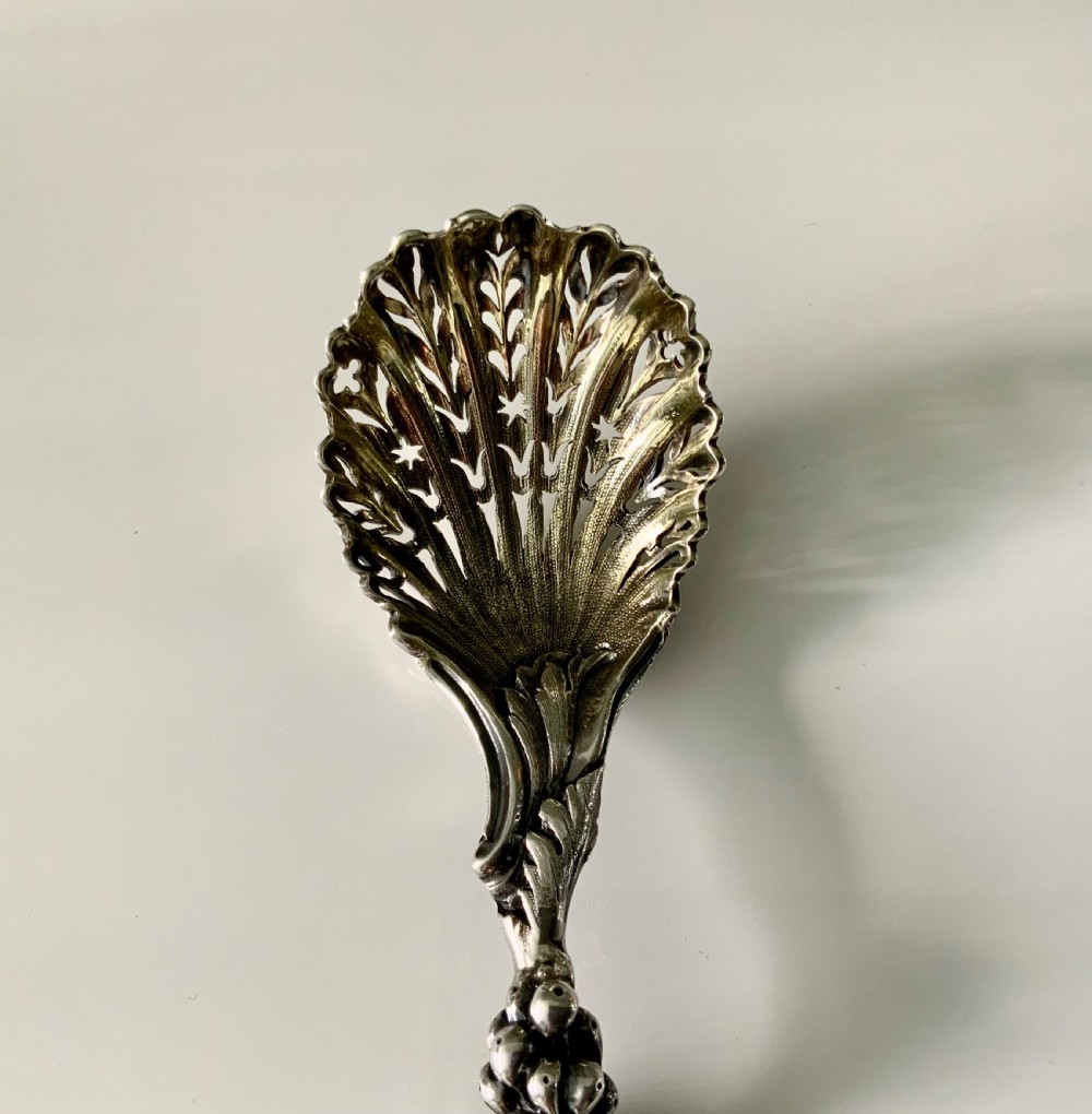Victorian heavy cast silver naturalistic sifter spoon View II