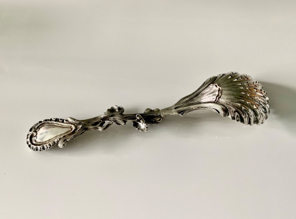 Victorian heavy cast silver naturalistic sifter spoon View V