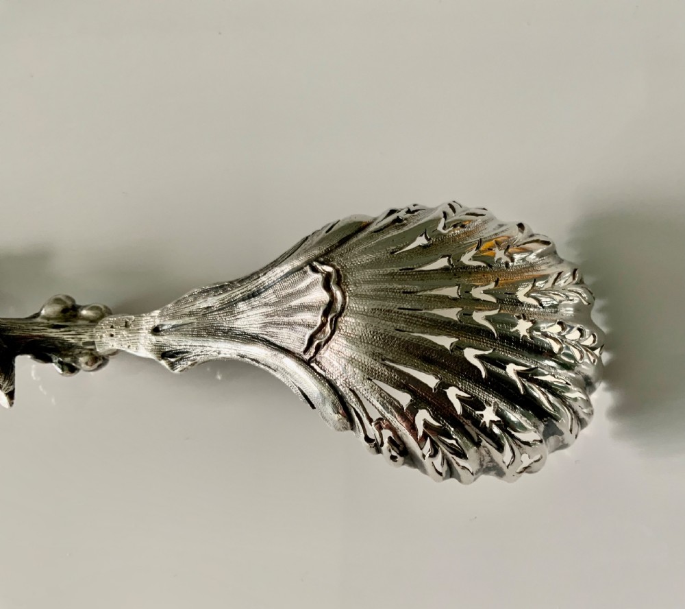 Victorian heavy cast silver naturalistic sifter spoon View VI
