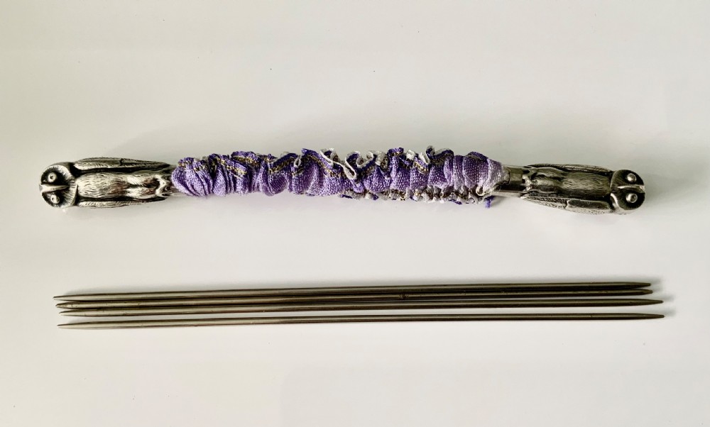 Rare silver knitting needle guards - owl ends View II