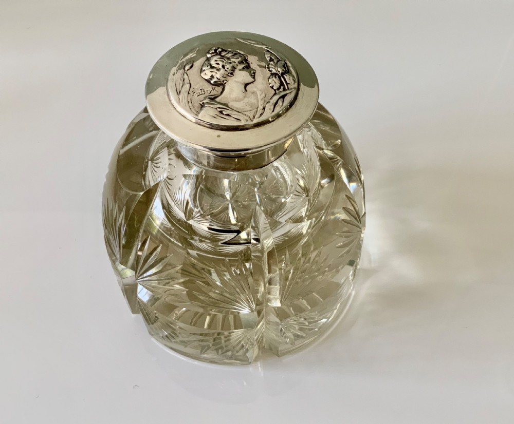 Large heavy cut glass & silver inkwell Thomas Webb & Sons