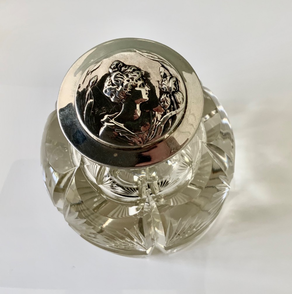 Large heavy cut glass & silver inkwell Thomas Webb & Sons View II