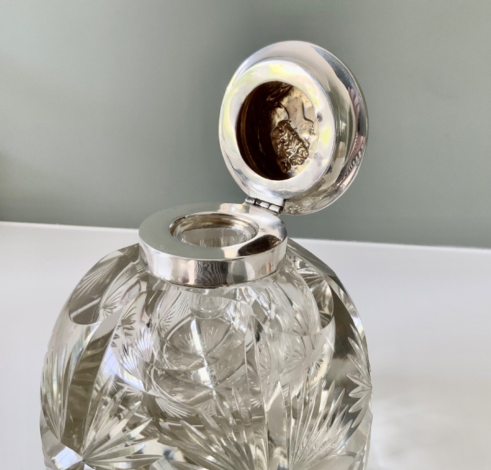 Large heavy cut glass & silver inkwell Thomas Webb & Sons View IV