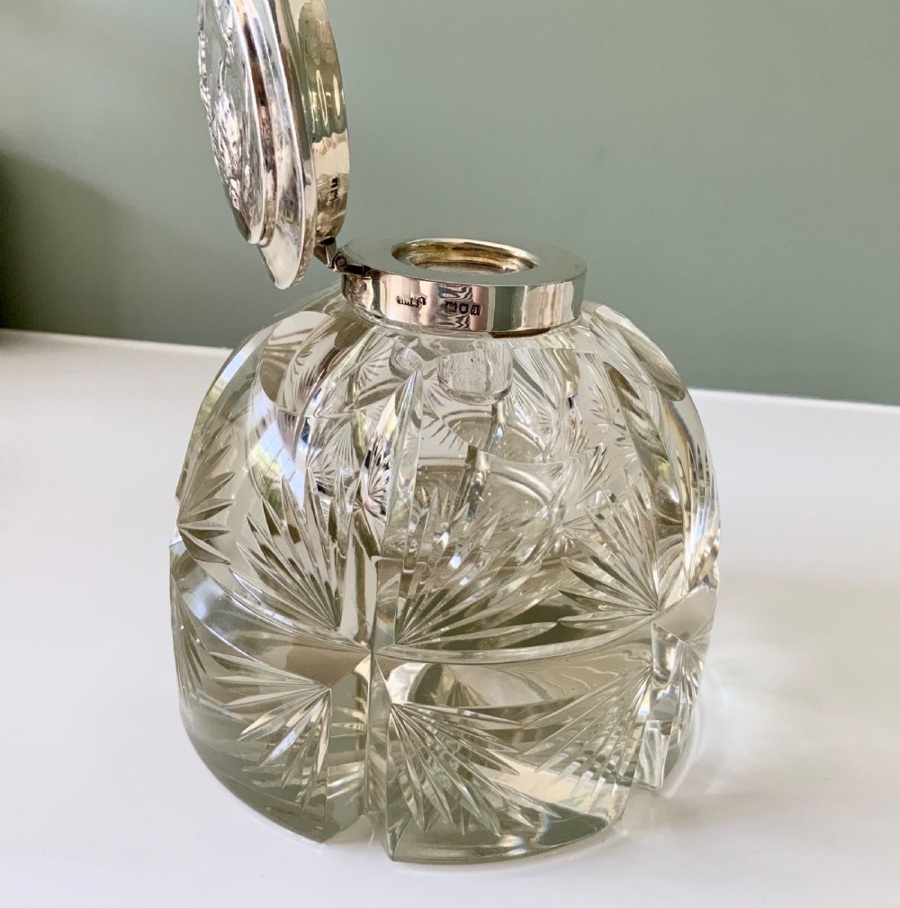 Large heavy cut glass & silver inkwell Thomas Webb & Sons View V