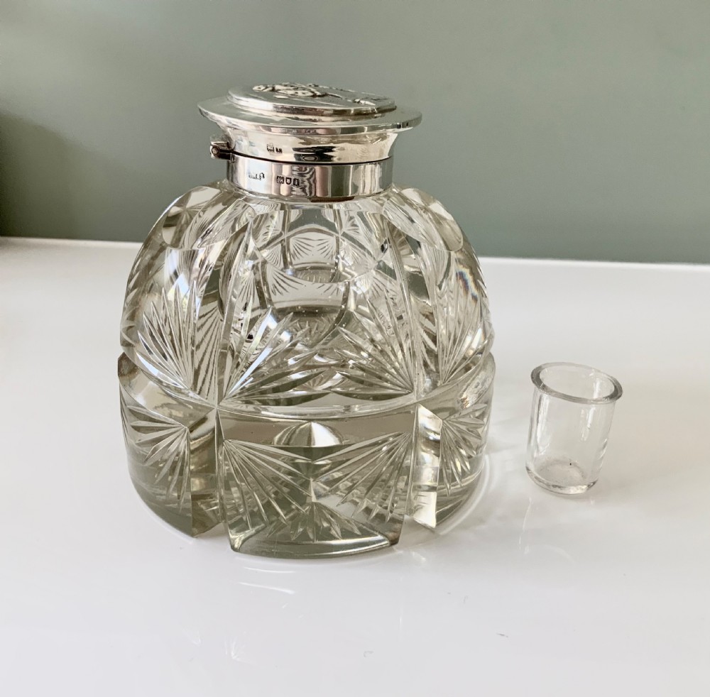 Large heavy cut glass & silver inkwell Thomas Webb & Sons View VI