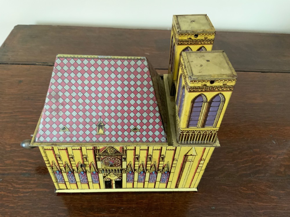 German tin plate mechanical musical toy - Notre Dame View IV