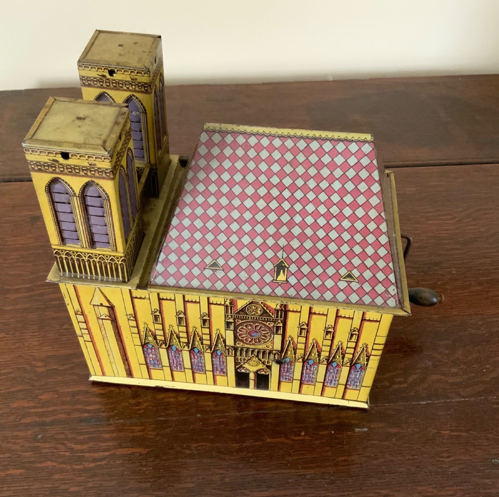 German tin plate mechanical musical toy - Notre Dame View VI