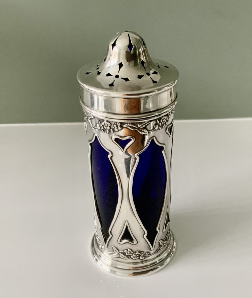 Art Nouveau silver & blue glass sifter