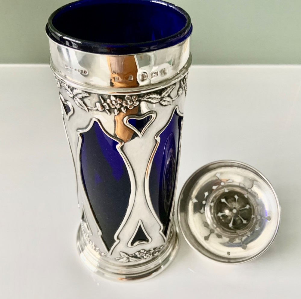 Art Nouveau silver & blue glass sifter View V