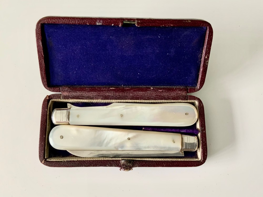 Silver & mother of pearl folding knife and fork View II