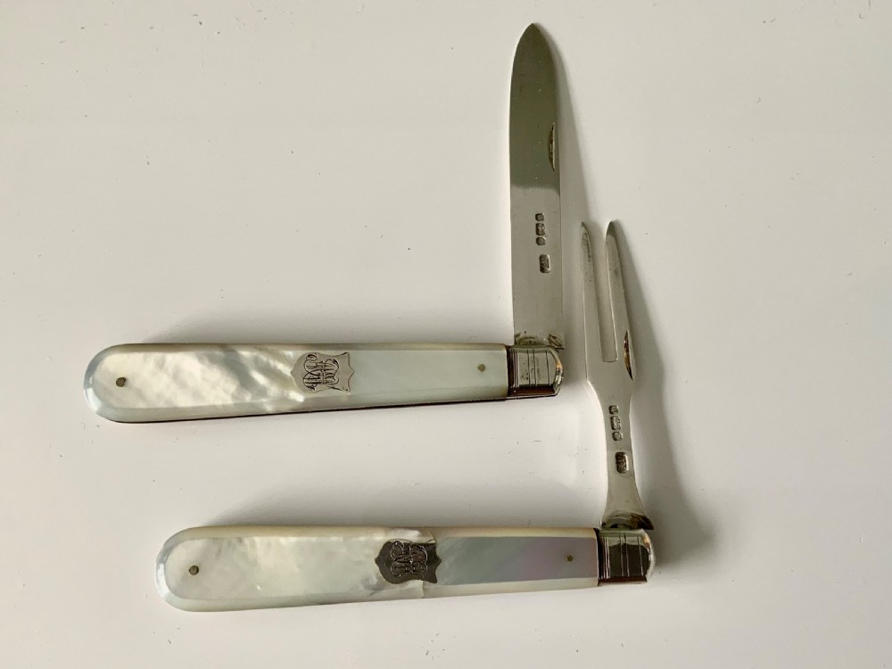Silver & mother of pearl folding knife and fork View III