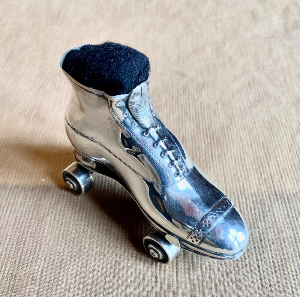 Rare antique rollerskate silver pin cushion View II