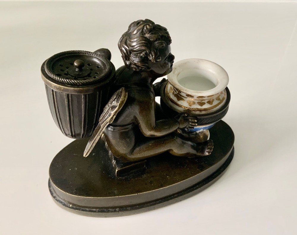 Early 19th century Cupid bronze pounce pot & inkwell View II