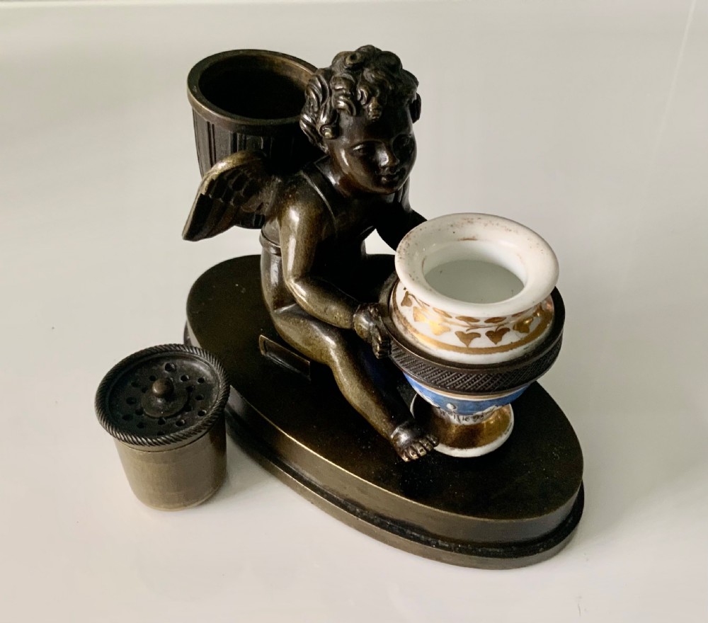 Early 19th century Cupid bronze pounce pot & inkwell View IV