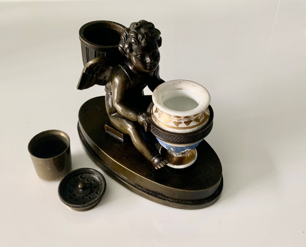 Early 19th century Cupid bronze pounce pot & inkwell View V