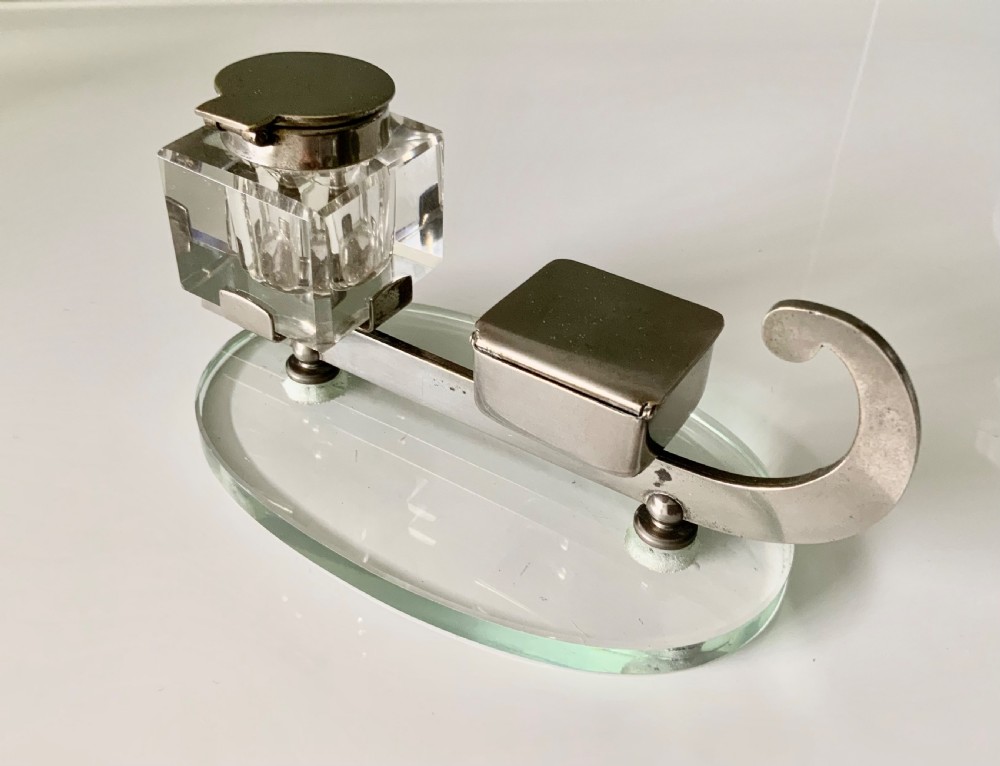 Art Deco chrome & glass inkwell, stamp box