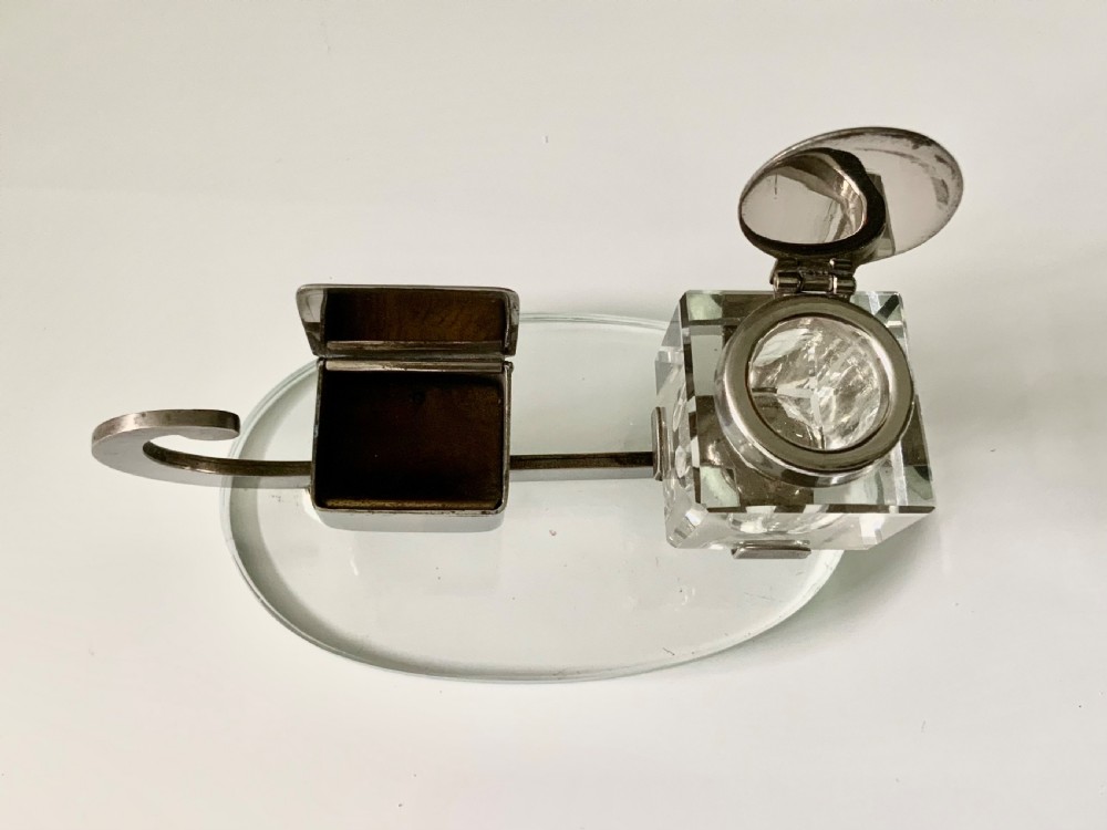 Art Deco chrome & glass inkwell, stamp box View III