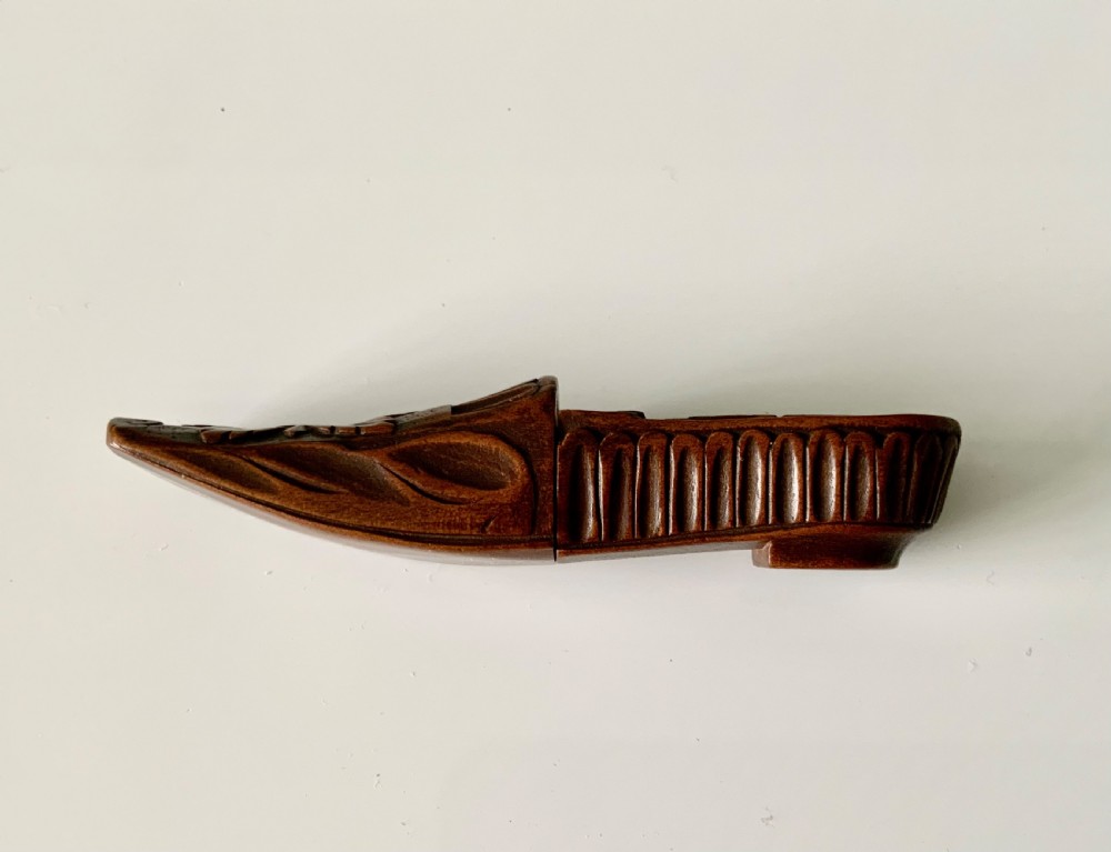 Carved wooden shoe needle case View III