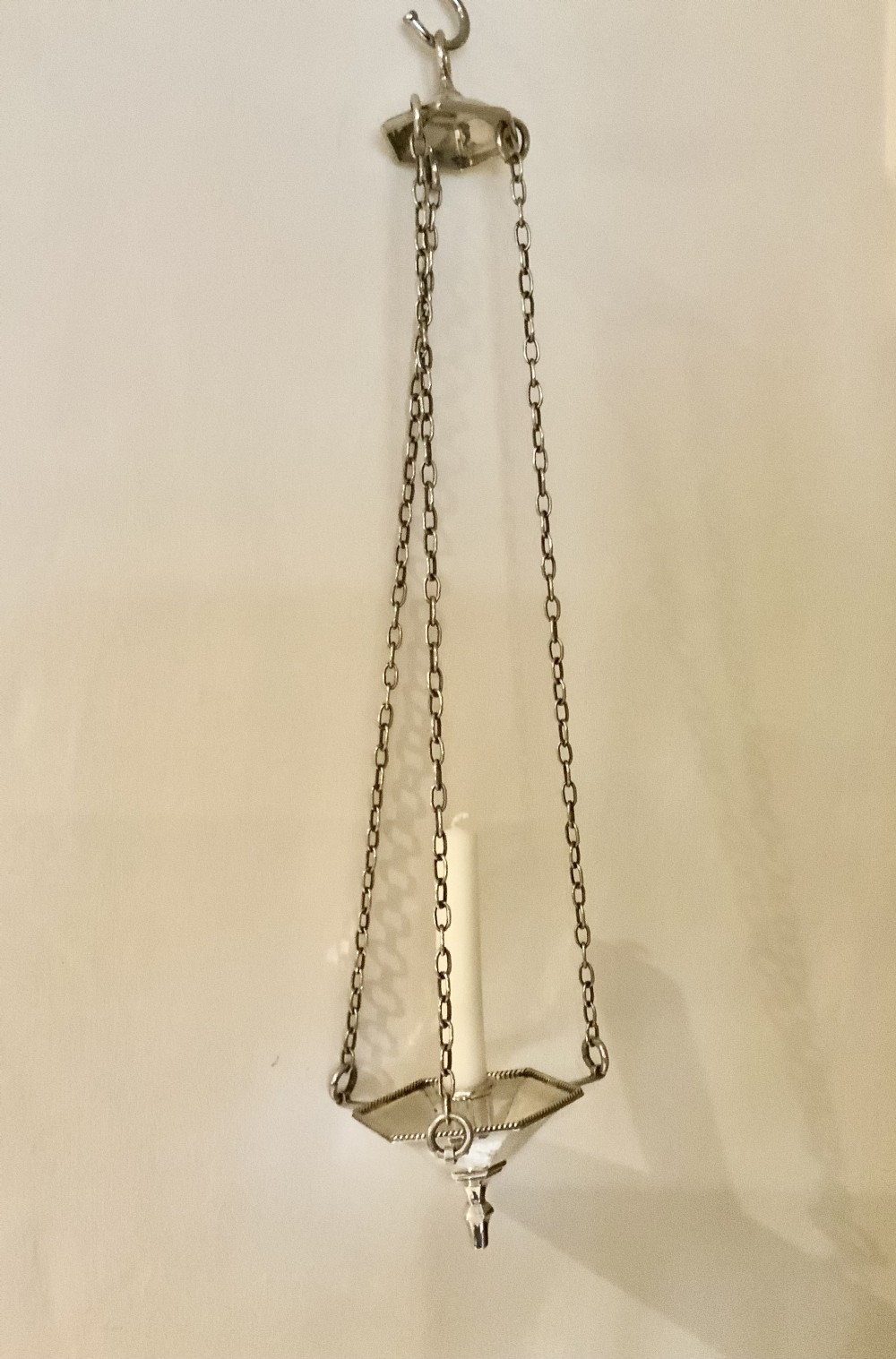 Arts & Crafts silver plated hanging candle holder