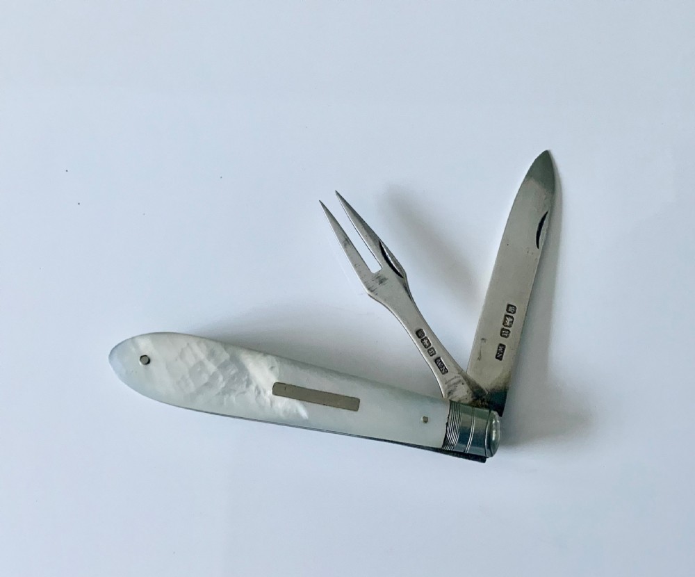 Silver pocket fruit knife and fork set