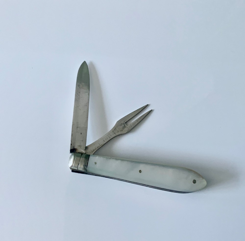 Silver pocket fruit knife and fork set View II