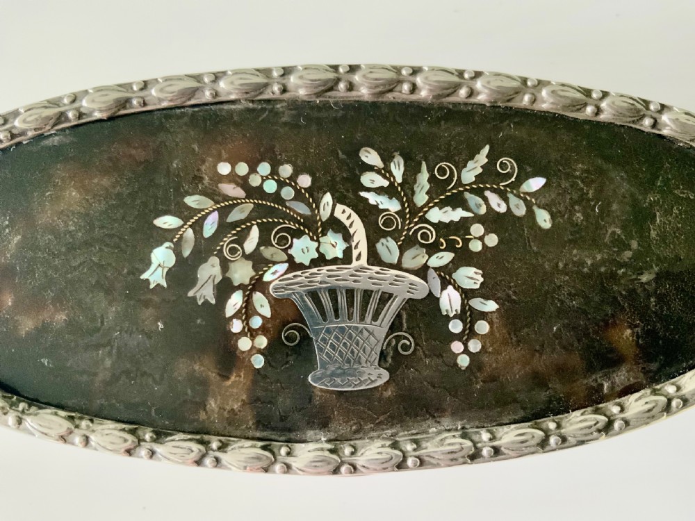 Edwardian silver, tortoiseshell, mother of pearl ring box.
 View II
