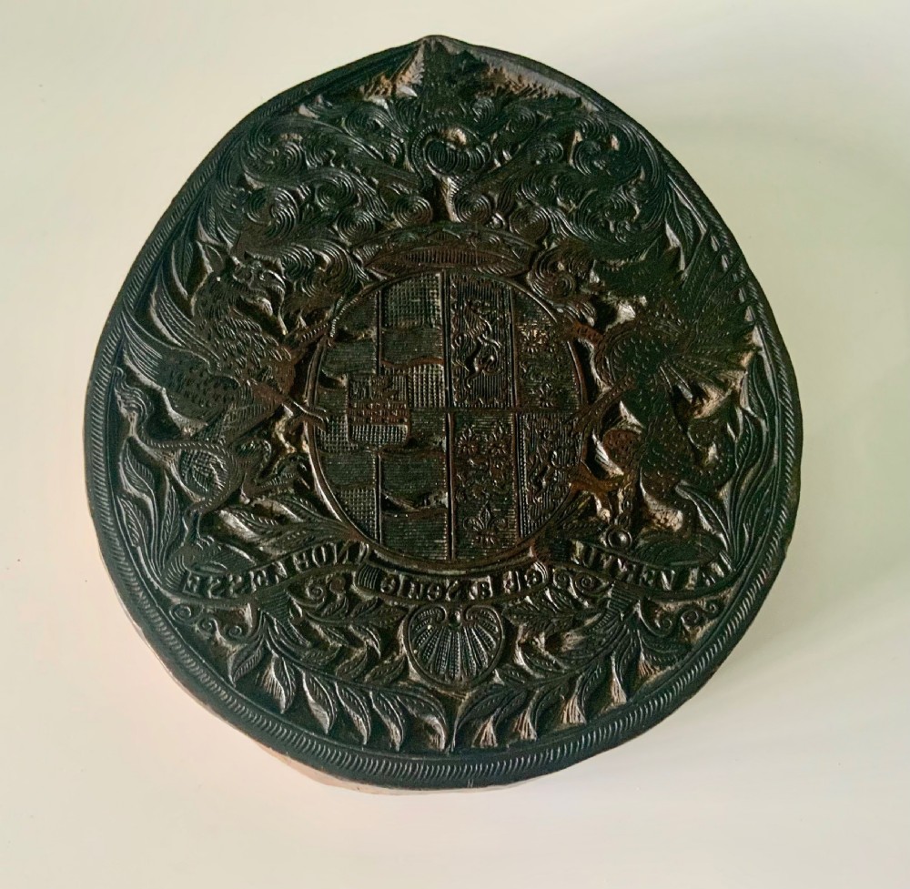 19th century carved Family coat of arms printing block