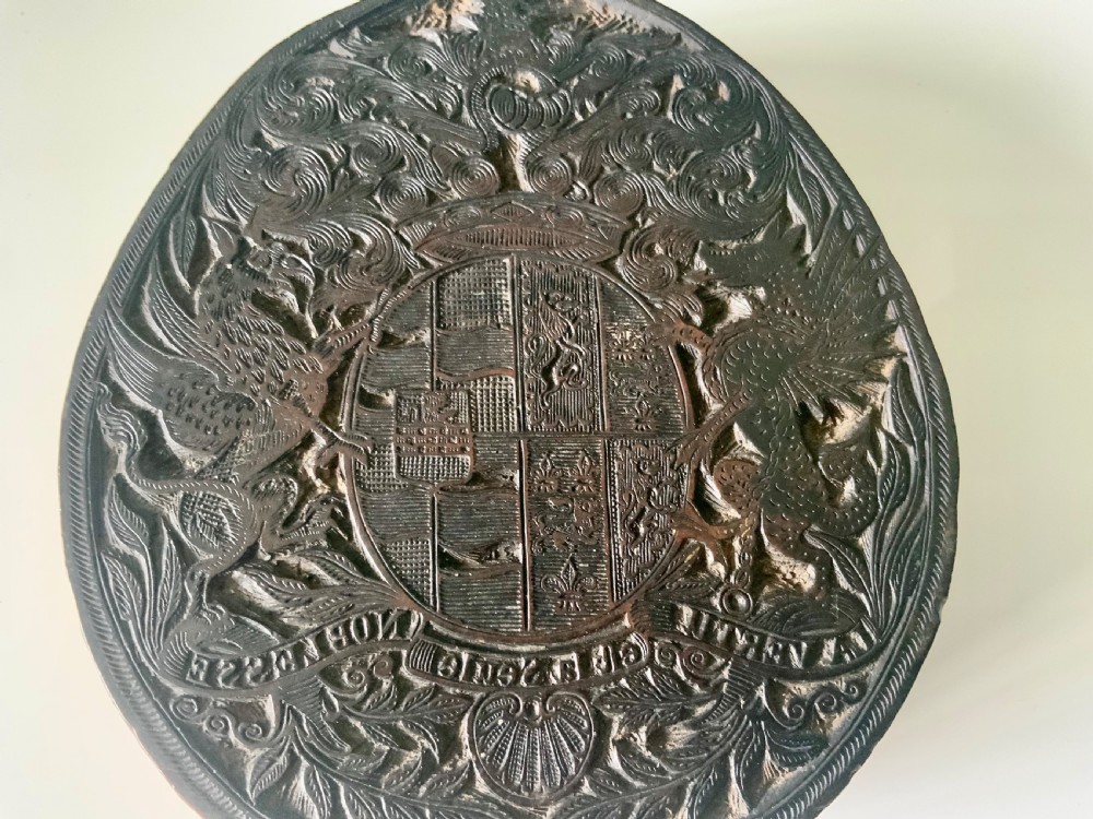 19th century carved Family coat of arms printing block View II