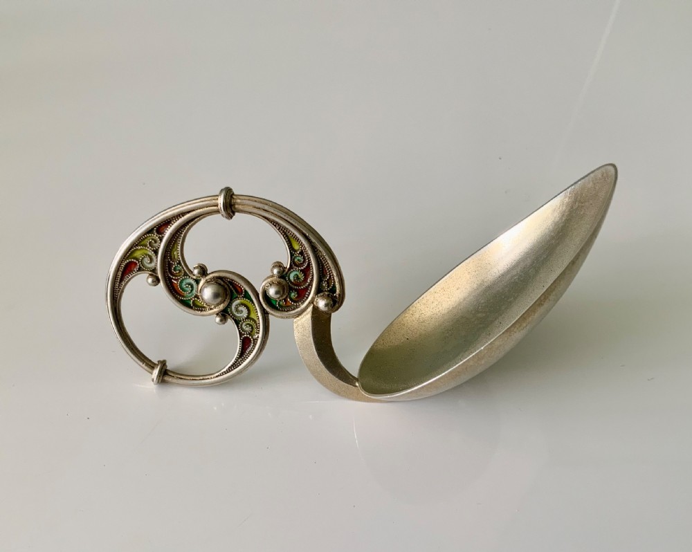 Norwegian silver plique jour caddy spoon. View II