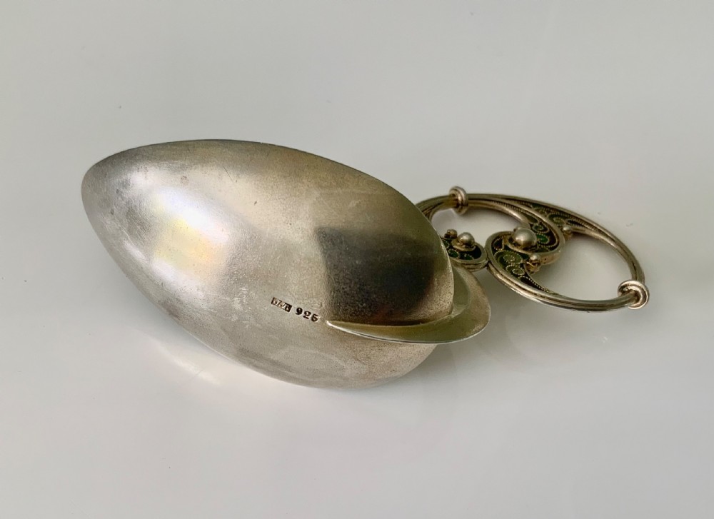 Norwegian silver plique jour caddy spoon. View III