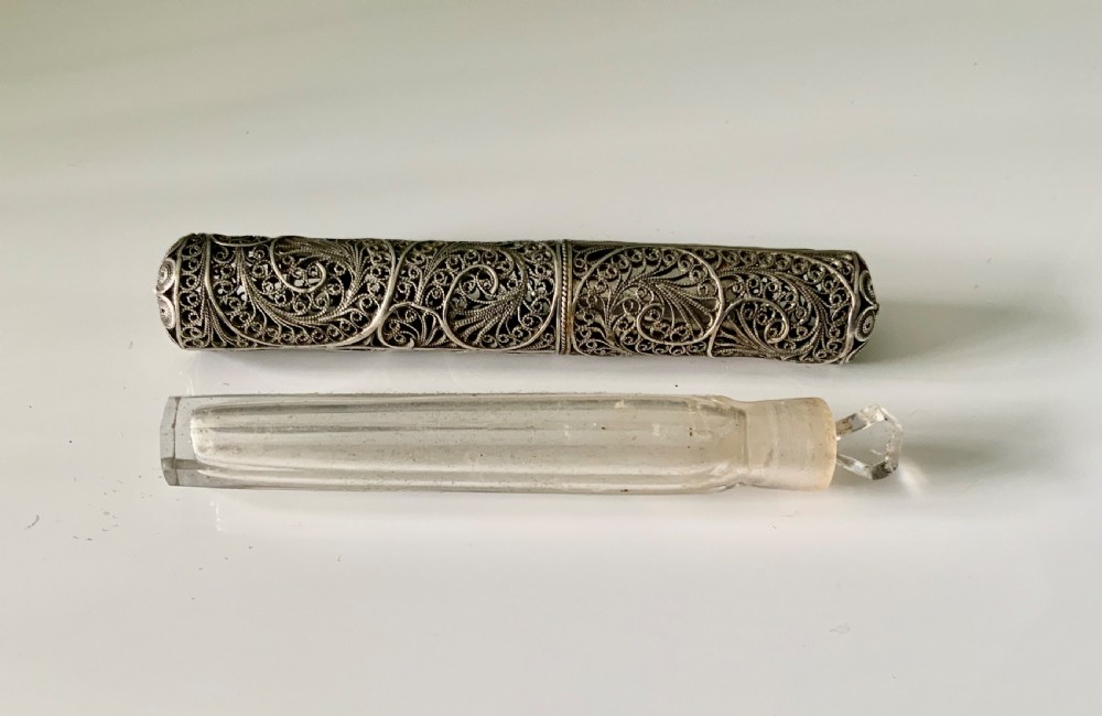 Georgian silver filigree case with glass scent bottle View II