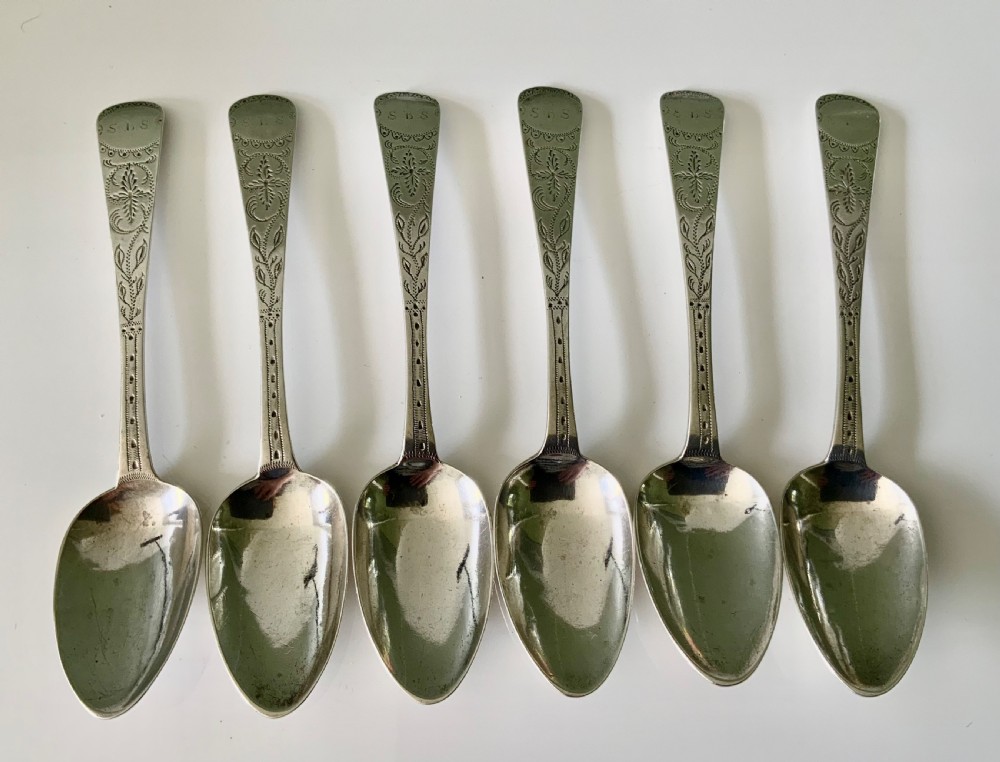Set of six silver bright cut 19th century Jersey teaspoons