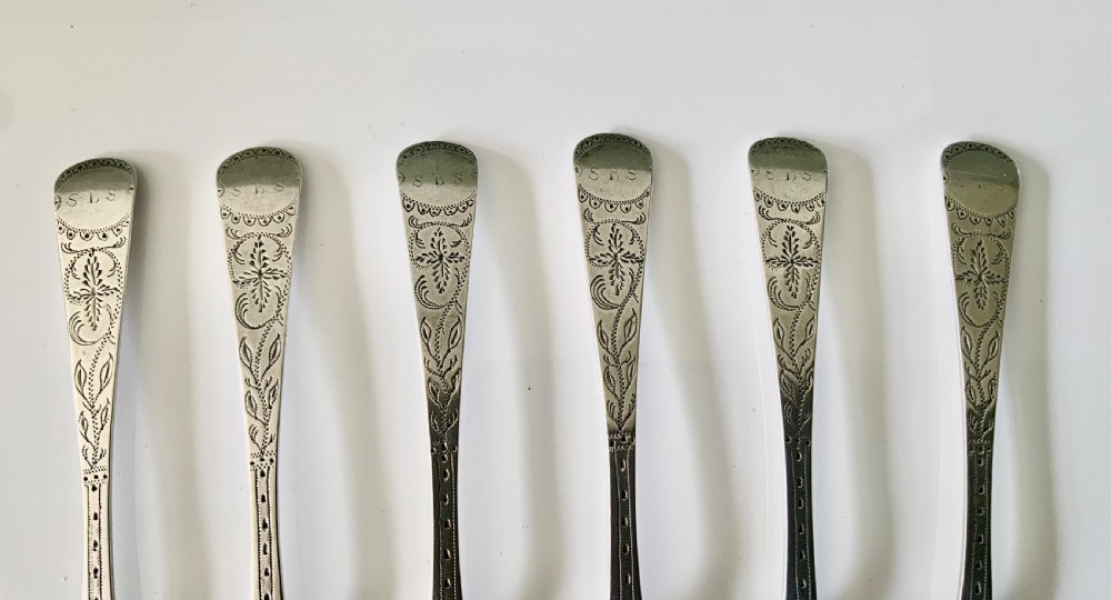Set of six silver bright cut 19th century Jersey teaspoons View II