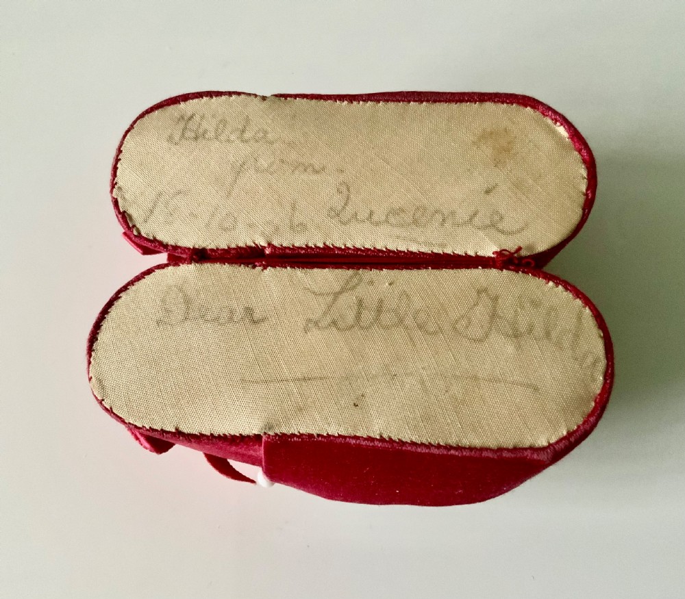 19th century silk pin cushion shoes View V