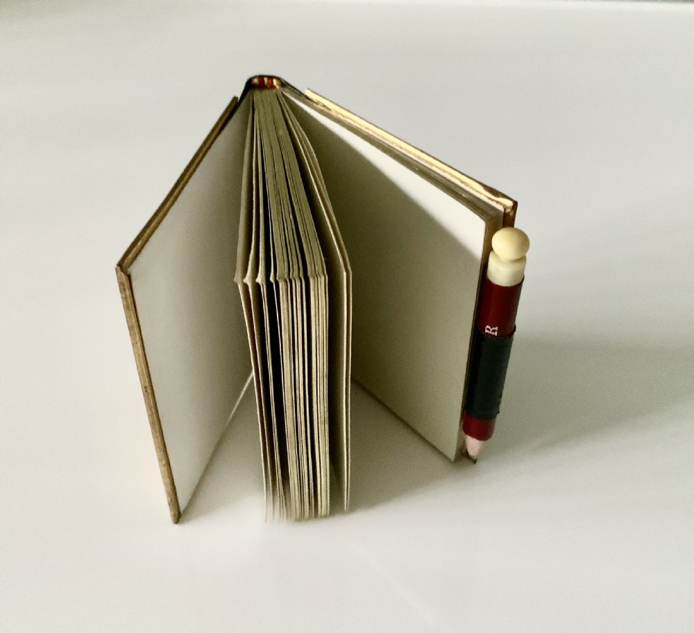 A late nineteenth-century miniature notebook featuring an embossed brass front cover with floral scrollwork, a dark leather spine, and an attached pencil. View III