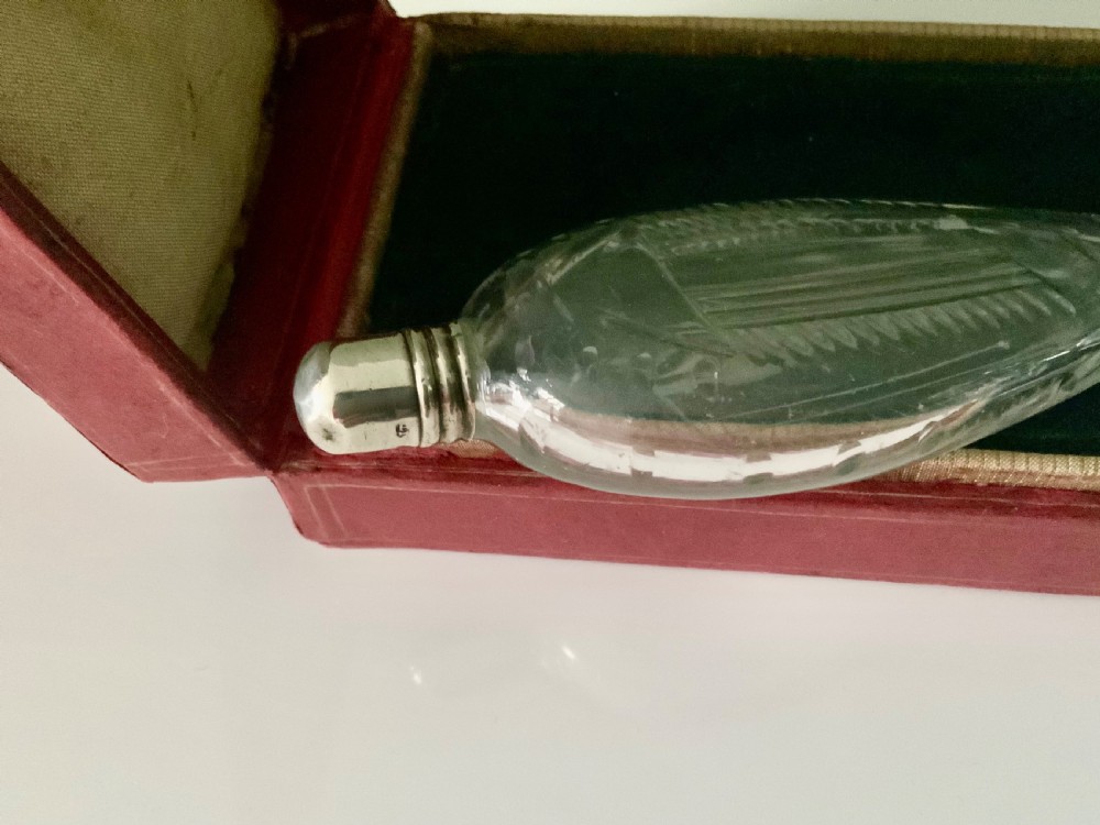 A teardrop-shaped clear glass scent bottle with a silver cap resting inside an open red leather plush-lined case. View IV