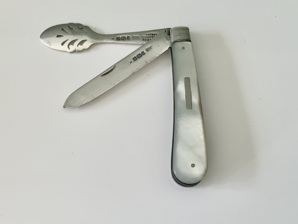 Edwardian silver & MOP combined folding fruit knife and patented orange peeler