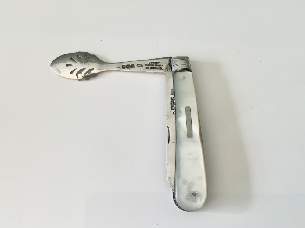 Edwardian silver & MOP combined folding fruit knife and patented orange peeler View V