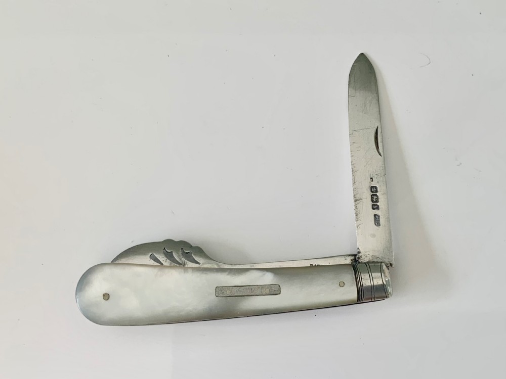 Edwardian silver & MOP combined folding fruit knife and patented orange peeler View VI