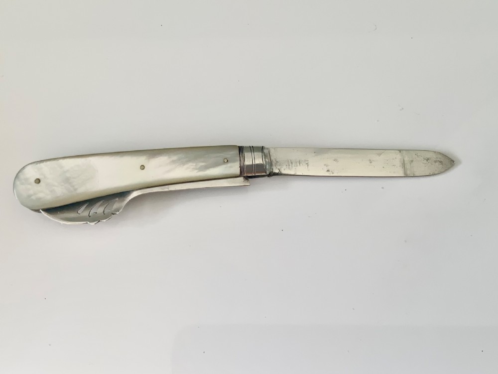 Edwardian silver & MOP combined folding fruit knife and patented orange peeler View VII