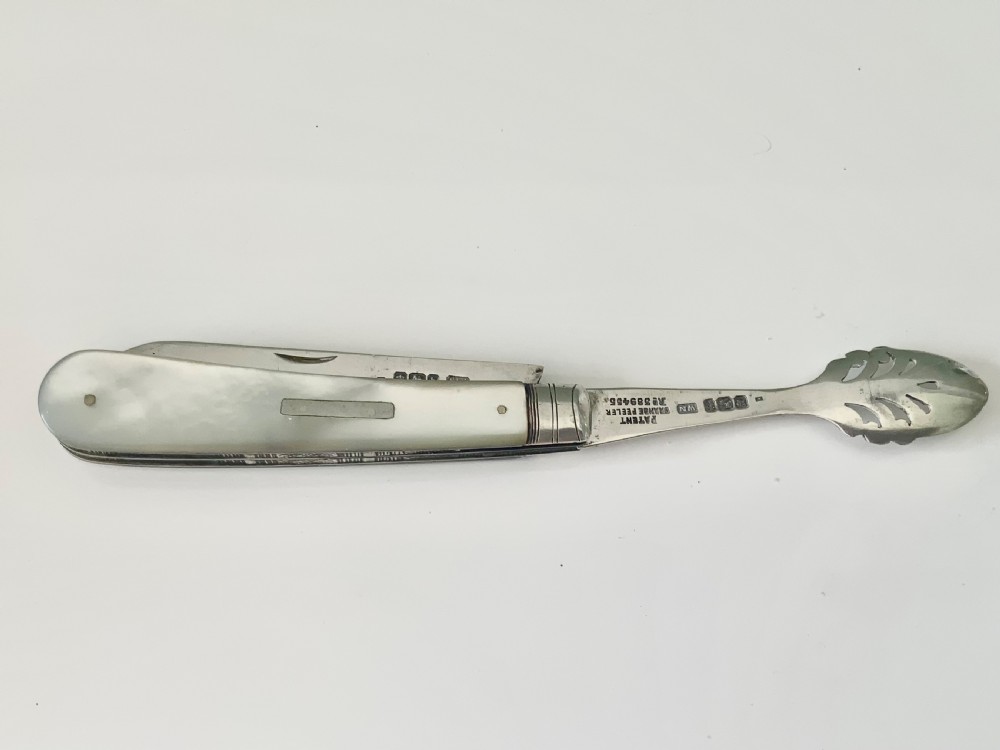Edwardian silver & MOP combined folding fruit knife and patented orange peeler View VIII