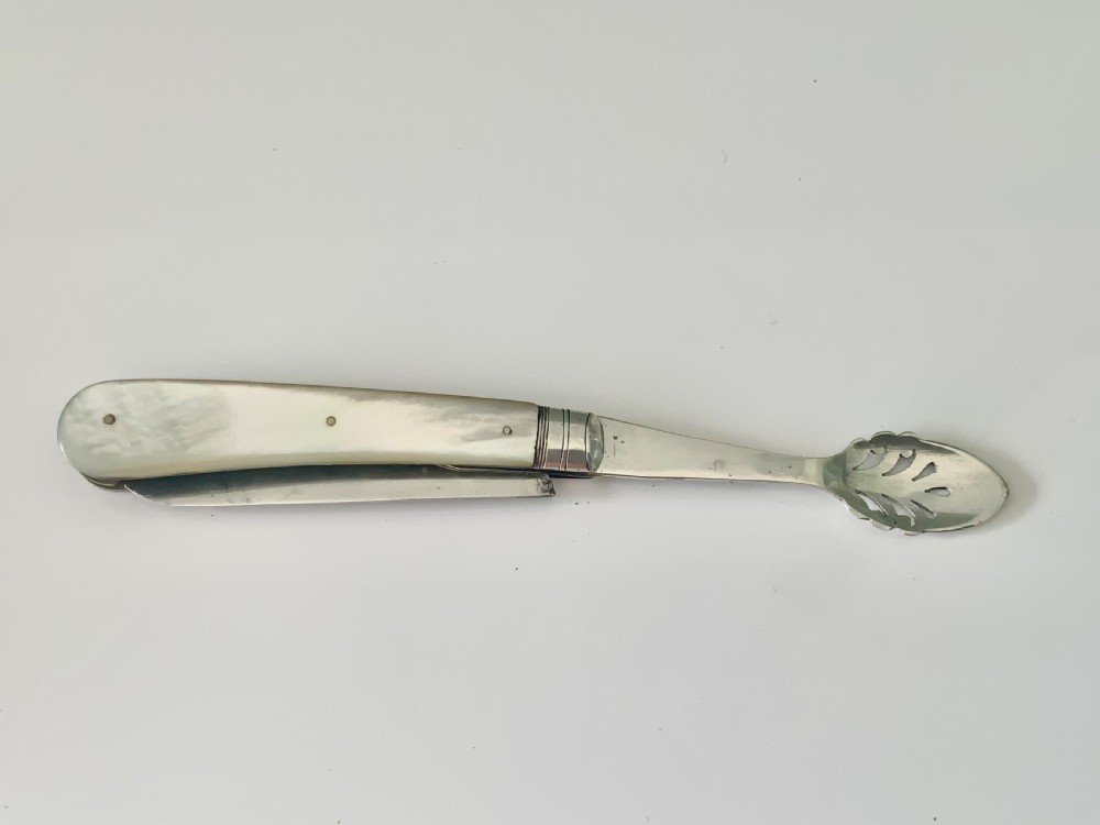 Edwardian silver & MOP combined folding fruit knife and patented orange peeler View IX