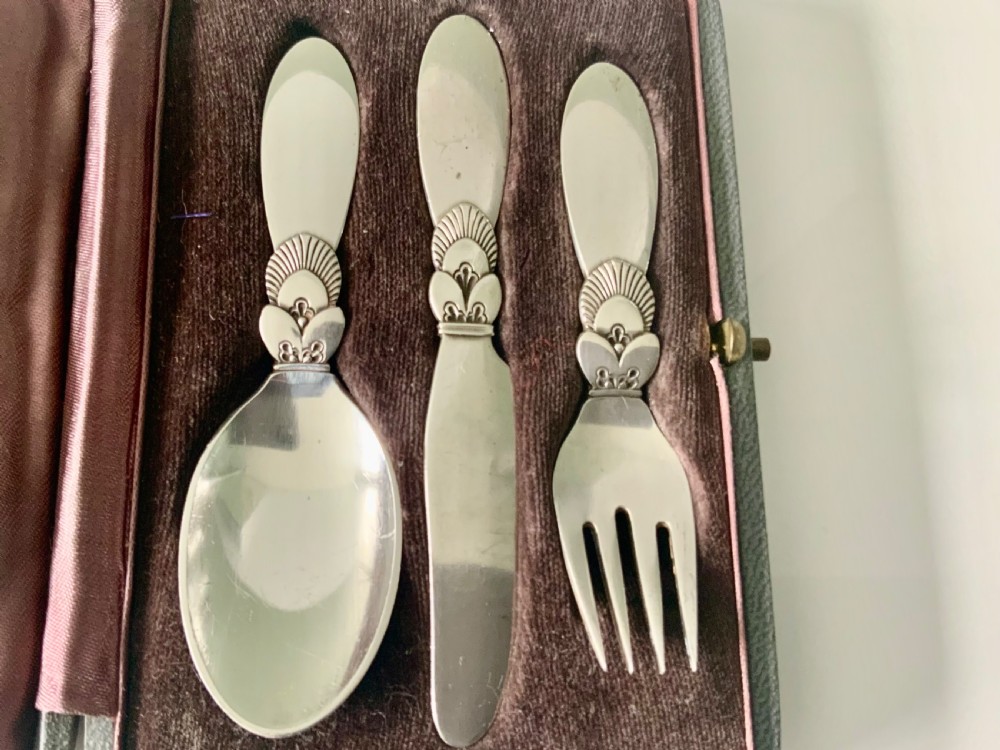 Georg Jensen boxed Cactus Pattern Childs silver cutlery set View II